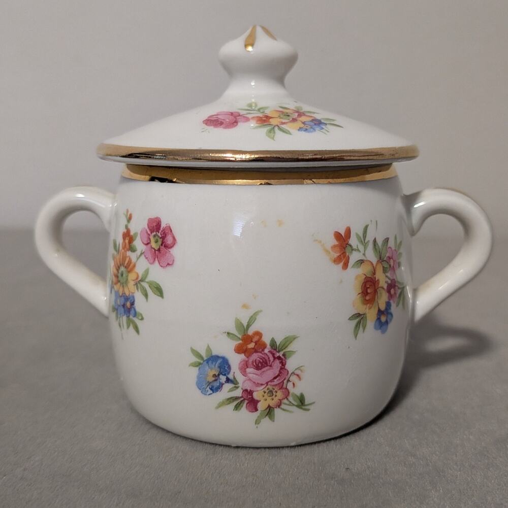 Vtg Pillivuyt France Porcelain Lidded Pot Double Handle Floral Gold Gilt Mehun